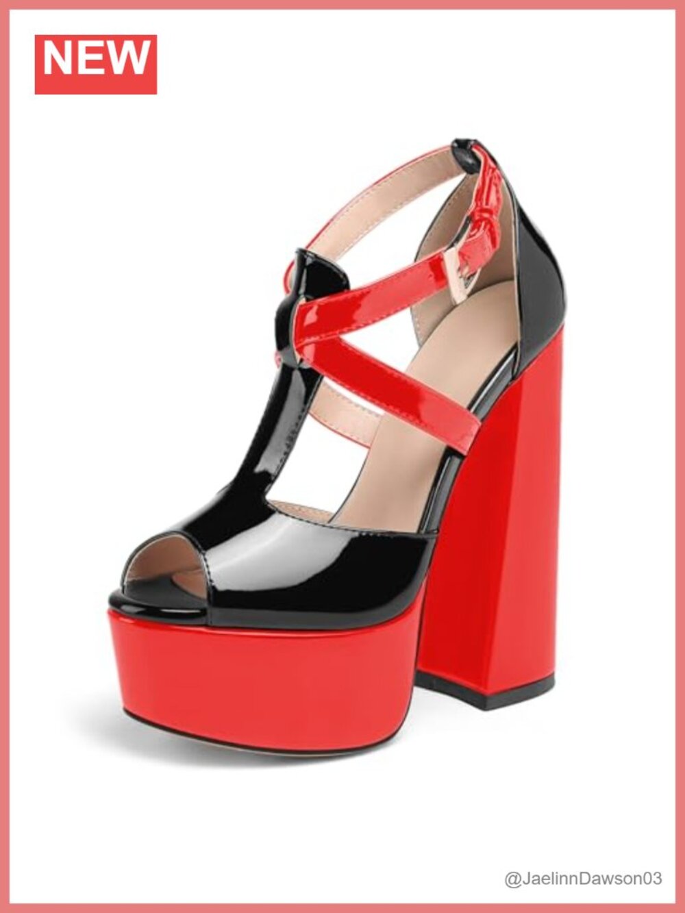 Chunky Platform Heels Peep Toe T-Strap Sandals Block High Heels Patent Faux